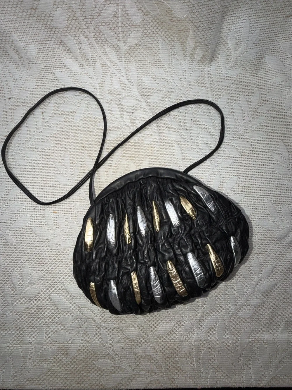 Black Gathered Leather Shoulder Bag with Gold & Silver Accents